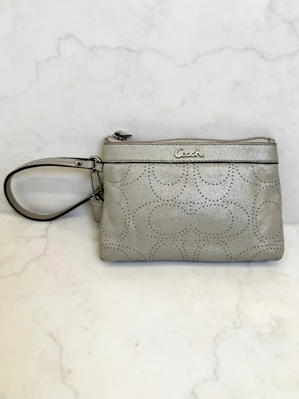 Coach Pearl Grey Perforated Logo Insignia Leather Wristlet F45561